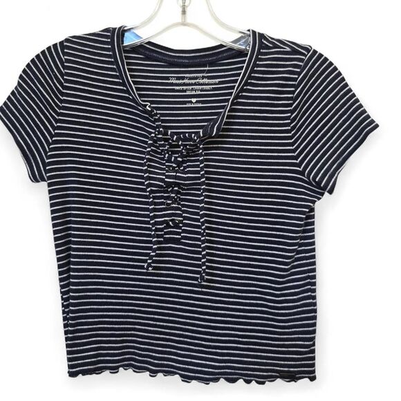 HOLLISTER Striped Lace up Cropped Ribbed Top with Scalloped Edges Small - Picture 1 of 3